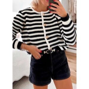 Striped Black & White Knit Cardigan Sweater